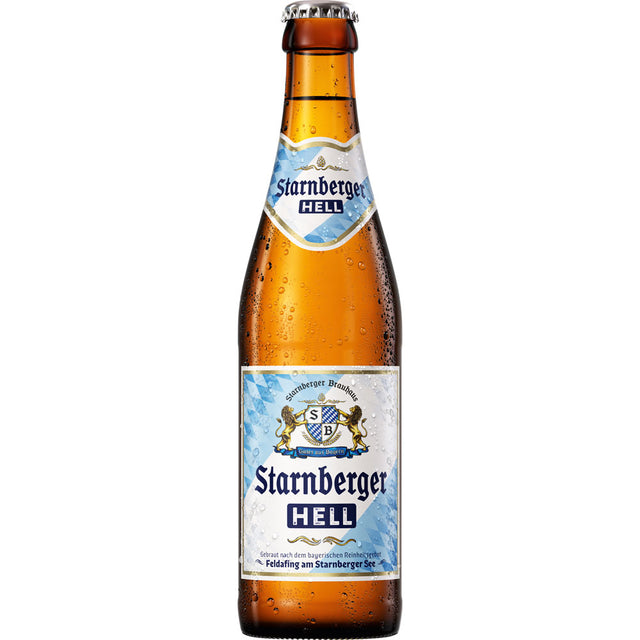 Eine Flasche Starnberger Hell, Teil der 24x 0,33L Mehrweg-Packung der Marke Starnberger, mit einem blau-weißen Etikett mit Kondensationsbeschichtung.