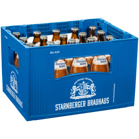 Blaue Kiste mit 20 Flaschen (je 0,5L) Starnberger Weisse (Mehrweg)-klassisches Bayerisches Weißbier von Starnberger.