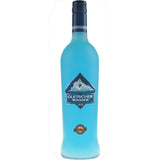 Eine hohe blaue Flasche Steinhauser Gletscherwasser Likör 16% (0,7L) von Steinhauser, mit einem Berg-Logo auf dem Etikett.