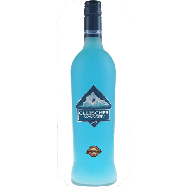 Eine hohe blaue Flasche Steinhauser Gletscherwasser Likör 16% (0,7L) von Steinhauser, mit einem Berg-Logo auf dem Etikett.