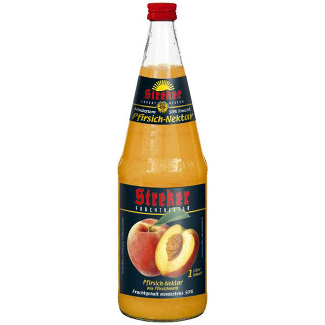 Eine 1-Liter-Flasche Streker Pfirsich-Nektar von Streker mit blauem Etikett und einem Pfirsichmotiv auf der Vorderseite; erhältlich in einer 6er-Packung.