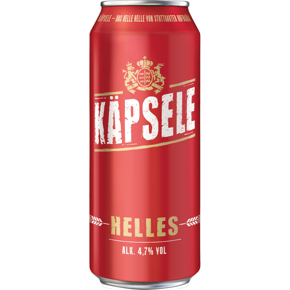 Eine rote Dose Stuttgarter Hofbräu Käpsele Helles Dose (24x0,5L), mit goldener und weißer Schrift, 4,7% ABV - ein schönes Beispiel schwäbischer Braukunst von Stuttgarter Hofbräu.