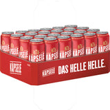 Ein 24er-Pack Stuttgarter Hofbräu Käpsele Helles Dose (je 0,5L, EINWEG) von Stuttgarter Hofbräu, das echte schwäbische Braukunst in einer markanten roten Schachtel mit der Aufschrift DAS HELLE HELLE unterstreicht.