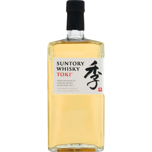 Eine 0,7-Liter-Flasche Suntory Toki Japanese Blended Whisky (43%) von Suntory mit weißem Etikett, schwarzem Verschluss und hellgoldenem Alkohol.