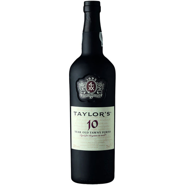 Eine 0,75l-Flasche Taylor's Tawny Portwein 10 Jahre, 20 % Vol., aus dem Douro-Tal, mit dunklem Etikett und Siegel.