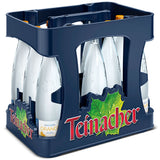 Eine blaue Kiste mit der Aufschrift Teinacher enthält zwölf 0,75-Liter-Flaschen Teinacher Wasser + Orange Mineralwasser (Mehrweg).