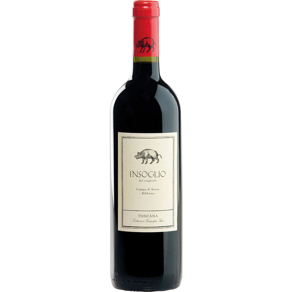 Eine Flasche Tenuta di Biserno Insoglio del Cinghiale Toscana IGT 2023 mit roter Kappe und einem Wildschwein auf dem Etikett verkörpert den Charakter eines guten toskanischen Rotweins.