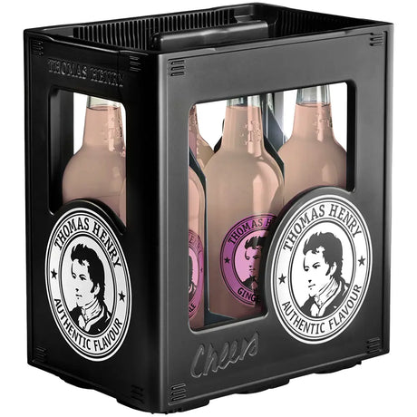 Schwarze Kunststoffkiste mit sechs 0,75-Liter-Flaschen Thomas Henry Ginger Ale.