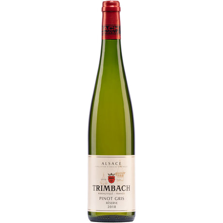Eine Flasche F.E. Trimbach Pinot Gris Reserve AOC Alsace 2018 Weißwein, der die raffinierte Eleganz und den unverwechselbaren Stil des F.E. Trimbach Pinot Gris unterstreicht.