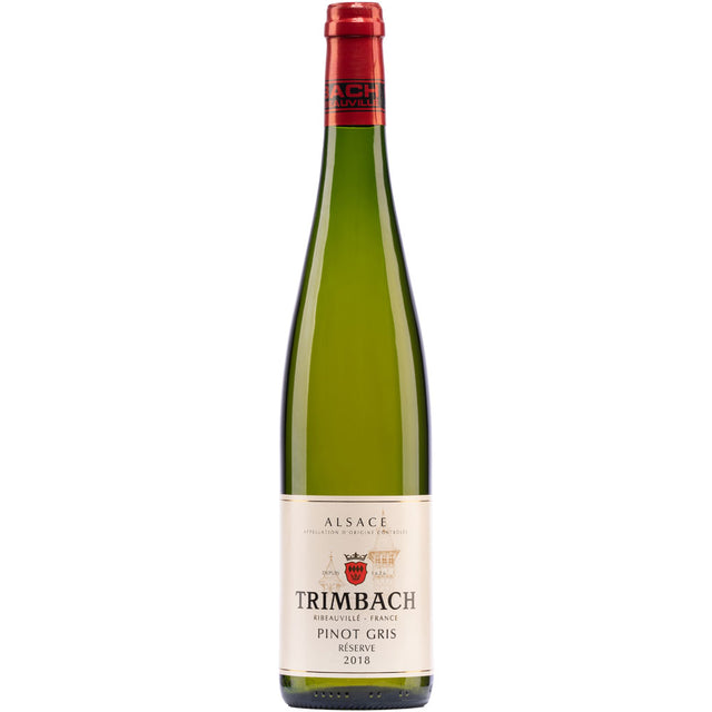 Eine Flasche F.E. Trimbach Pinot Gris Reserve AOC Alsace 2018 Weißwein, der die raffinierte Eleganz und den unverwechselbaren Stil des F.E. Trimbach Pinot Gris unterstreicht.