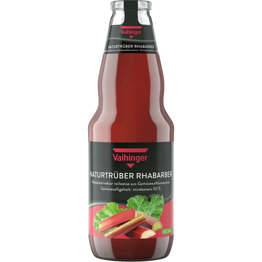 Ein 6er-Pack Vaihinger Naturtrüber Rhabarber Nektar (je 1L, MEHRWEG) von Niehoffs Vaihinger mit schwarzem Etikett und einem lebendigen Rhabarbermotiv auf der Vorderseite.