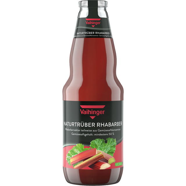 Ein 6er-Pack Vaihinger Naturtrüber Rhabarber Nektar (je 1L, MEHRWEG) von Niehoffs Vaihinger mit schwarzem Etikett und einem lebendigen Rhabarbermotiv auf der Vorderseite.