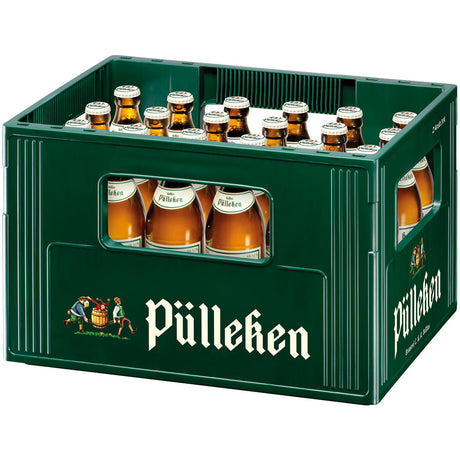 Ein grüner Kasten mit Veltins Helles Pülleken 24x 0,33 Liter (MEHRWEG) Flaschen zeigt die Marke und das Logo von Veltins - eine Anspielung auf die sauerländische Brautradition und das klassische Helles.