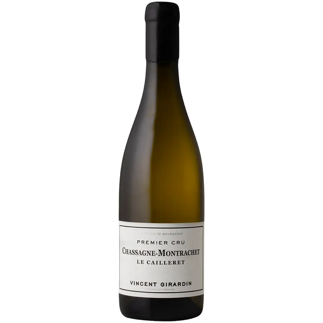 Eine Flasche Vincent Girardin Chassagne-Montrachet 1er Cru Le Cailleret AOC 2022 vor weißem Hintergrund.