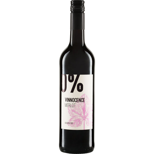 Eine 0,75-Liter-Flasche Vinnocence Merlot alkoholfrei mit weißem Etikett, das ein zartes rosa Blumenmuster aufweist.