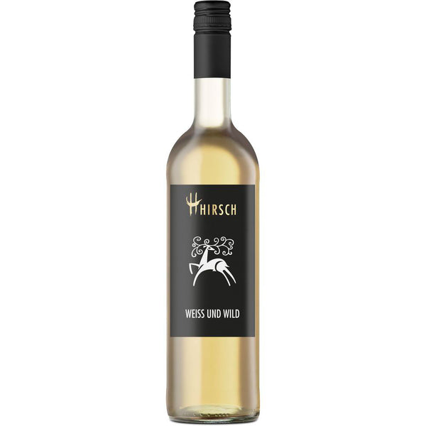 Eine Flasche Christian Hirsch Weiß und Wild Weißwein-Cuvée trocken aus Württemberg, mit schwarzem Etikett und minimalistischem weißem Hirschmotiv.