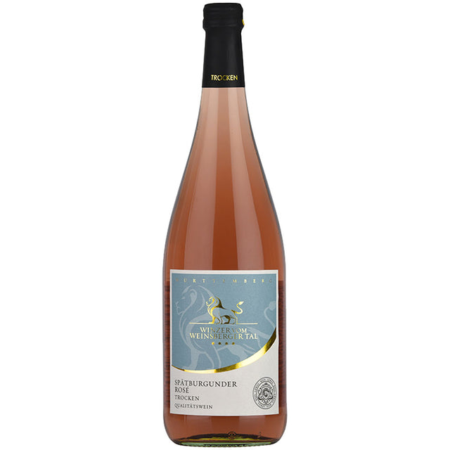 Eine 1L Flasche Winzer vom Weinsberger Tal Spätburgunder Rosé trocken, Teil eines 12er Packs (Mehrweg), aus dem Württembergischen Weinsberger Tal.
