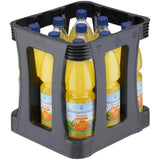 Eine Kiste „Wittmannsthaler Toococ Orange PET (EINWEG)“ mit neun 1-Liter-Flaschen natürlich köstlichem Orangensaft – ideal, um den erfrischenden Geschmack der Orangenlimonade zu genießen, die mit Schwarzwald-Mineralwasser zubereitet wird.