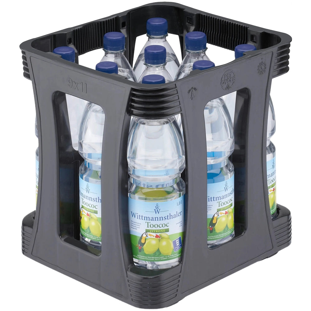 Neun PET-Flaschen „Wittmannsthaler Toococ Zitrone“ Mineralwasser (je 1 Liter, EINWEG) – der erfrischende Durstlöscher mit bestem Schwarzwald-Mineralwasser.