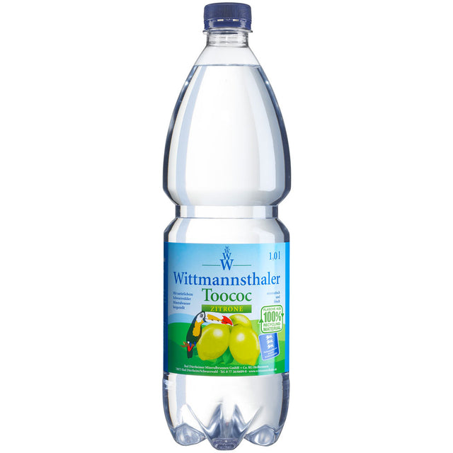 Die 1-Liter-Flasche Wittmannsthaler Toococ Zitrone PET (9x1L, EINWEG): Ein erfrischender Durstlöscher der Marke Wittmannsthaler mit spritzigem Zitronengeschmack und Schwarzwald Mineralwasser.