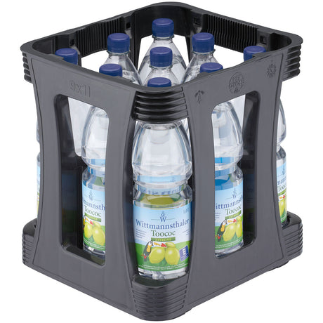 Eine Kunststoffkiste mit neun 1-Liter-Flaschen Wittmannsthaler Toococ Zitrone - das erfrischende Sprudelwasser von Wittmannsthaler.