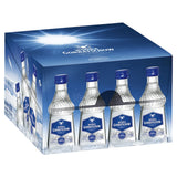 Eine Kiste mit Wodka Gorbatschow 37,5% (20 x 0,04L) Flaschen der Marke Wodka Gorbatschow, mit blau-weißem Eisdesign.
