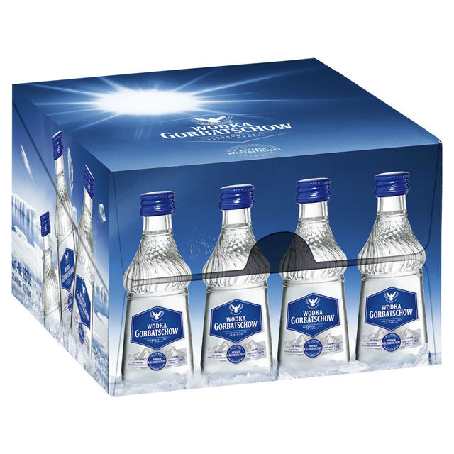 Eine Kiste mit Wodka Gorbatschow 37,5% (20 x 0,04L) Flaschen der Marke Wodka Gorbatschow, mit blau-weißem Eisdesign.