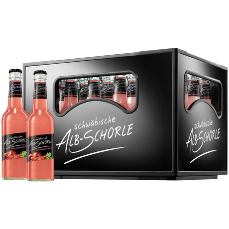 Zwei Flaschen und eine Kiste Zwiefalter Alb-Schorle Apfel-Rhabarber, ein spritziges Apfel-Rhabarber-Getränk von Zwiefalter Klosterbräu (24x 0,33L MEHRWEG).